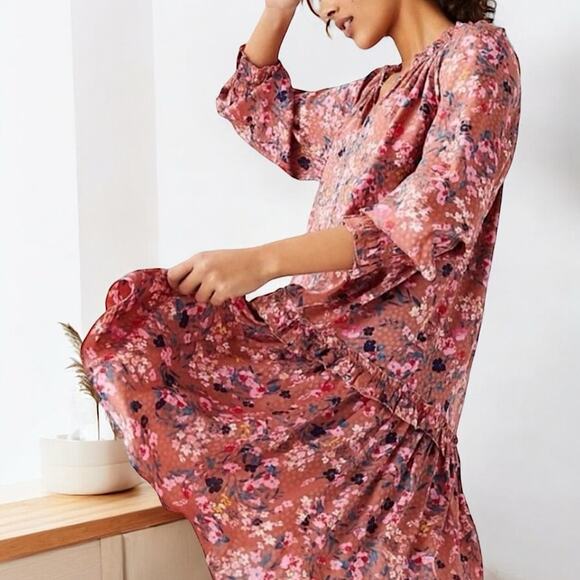 NWT Ann Taylor Pink Floral Long Sleeve Ruffle Swing Dress Size Small - Picture 3 of 8